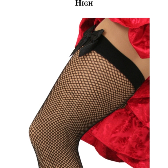 Black thigh high fishnet stockings with satin bow at the top - Halloween Costume - Picture 3 of 4